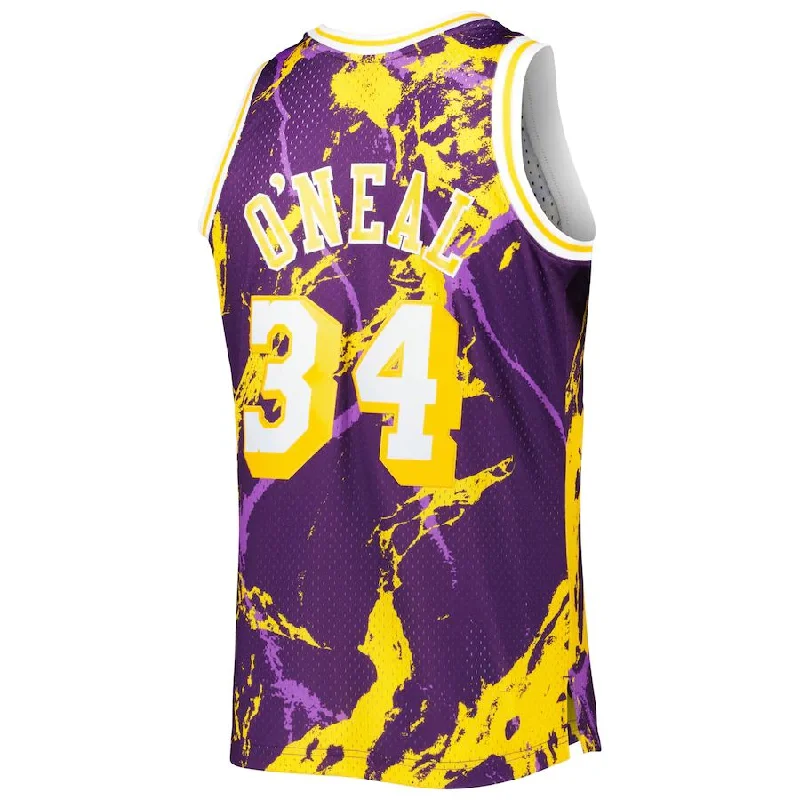 Street Style Basketball Jersey for Trendy Looks-LA.Lakers #34 Shaquille O'Neal Mitchell & Ness 1996-97 Hardwood Classics Marble Swingman Jersey Purple Stitched American Basketball Jersey