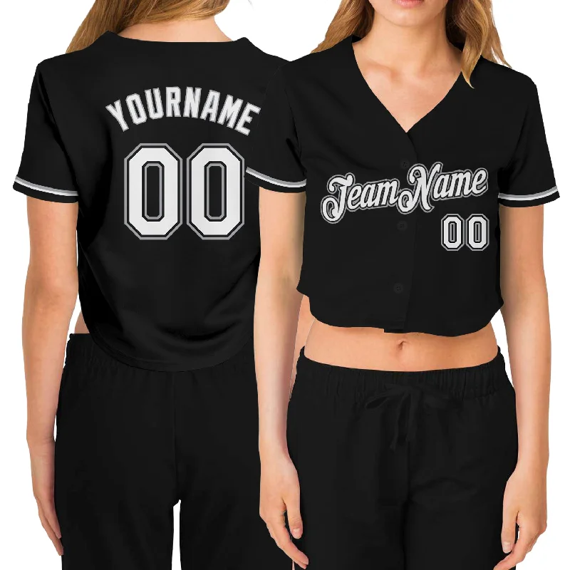 Premium Cotton Baseball Jersey for Everyday Wear-Custom Women's Black White-Gray V-Neck Cropped Baseball Jersey