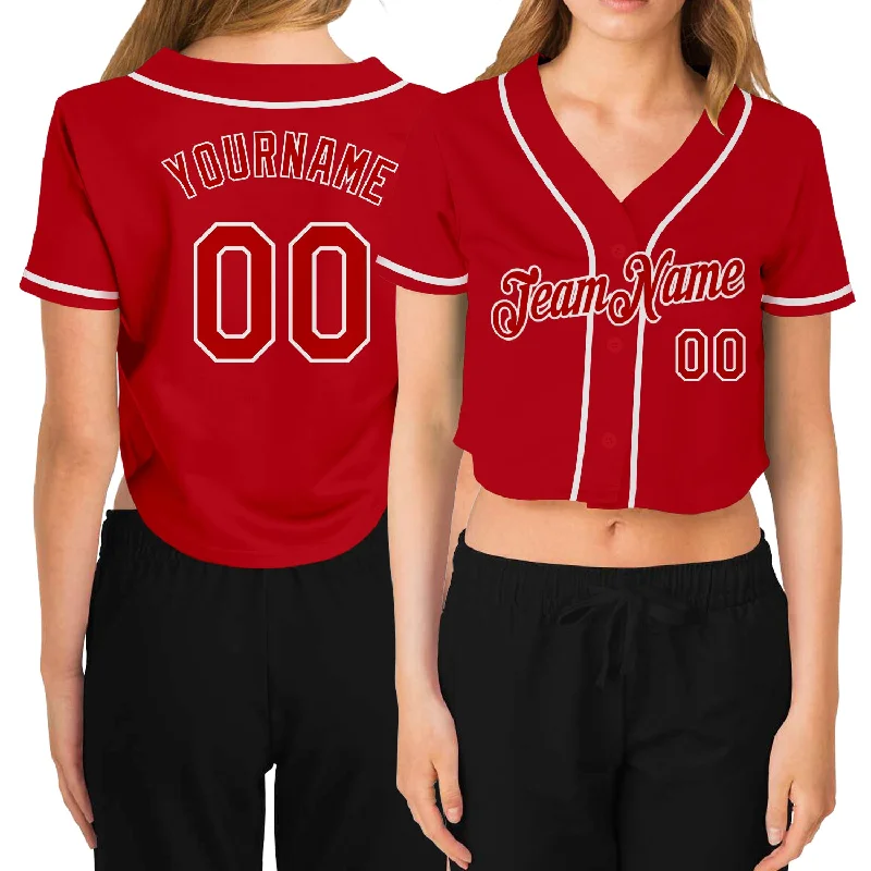 Casual Baseball Jersey for Relaxed Weekend Looks-Custom Women's Red Red-White V-Neck Cropped Baseball Jersey