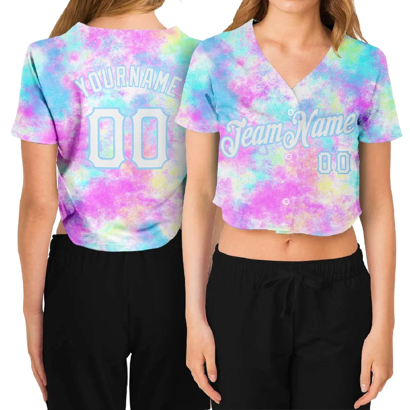 Team Spirit Baseball Jersey for Fans and Players-Custom Women's Tie Dye White-Light Blue Watercolor Gradient 3D V-Neck Cropped Baseball Jersey