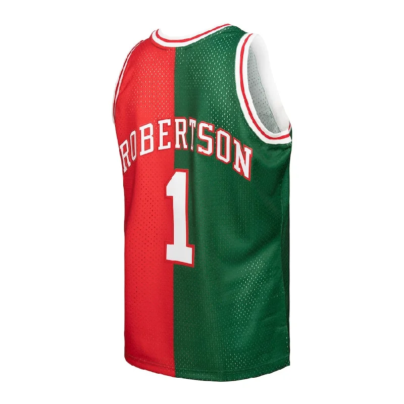 Basketball Jersey with Breathable Mesh Inserts for Comfort-M.Bucks #1 Oscar Robertson Mitchell & Ness Hardwood Classics 1971-72 Split Swingman Jersey Green-Red Stitched American Basketball Jersey