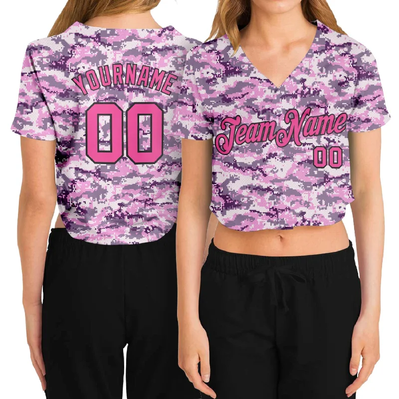 Soft Cotton Baseball Jersey for Everyday Outfits-Custom Women's Camo Pink-Black Salute To Service V-Neck Cropped Baseball Jersey