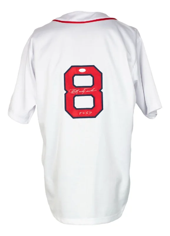 Embroidered Baseball Jersey with Team Colors-Carl Yastrzemski Signed White Pro Style Baseball Jersey TC 67 Insc JSA