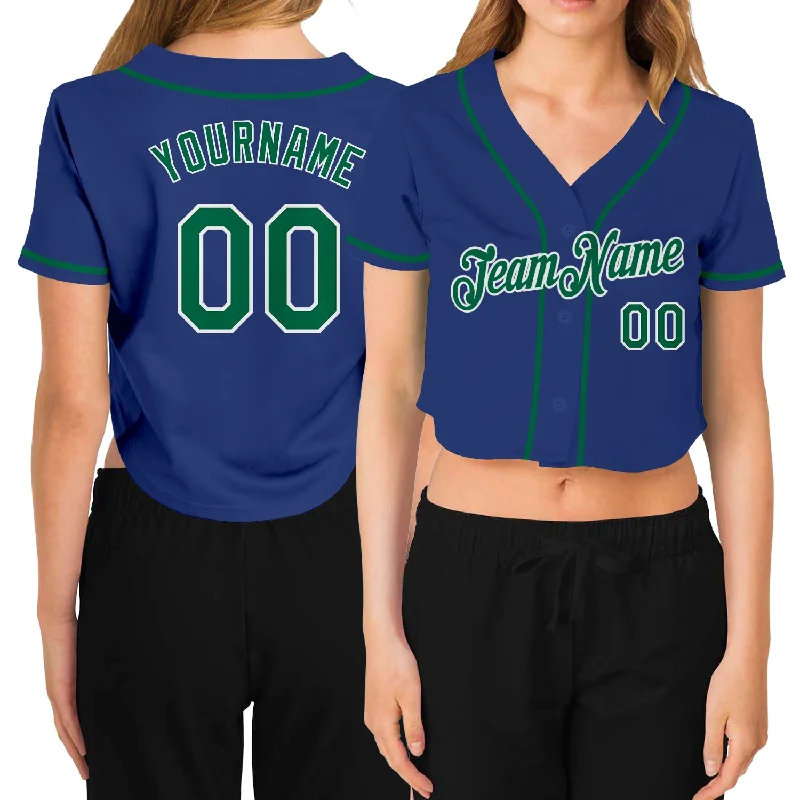 Breathable Baseball Jersey for Hot Weather-Custom Women's Royal Kelly Green-White V-Neck Cropped Baseball Jersey