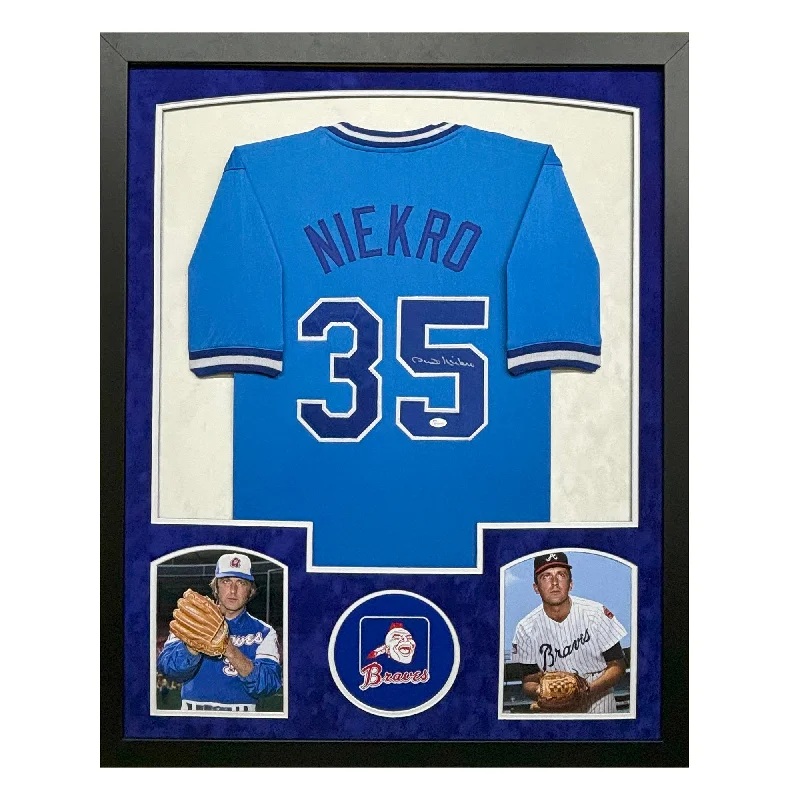 Baseball Jersey with Breathable Mesh Fabric-Phil Niekro Signed Atlanta Blue Custom Suede Matte Framed Baseball Jersey (JSA)