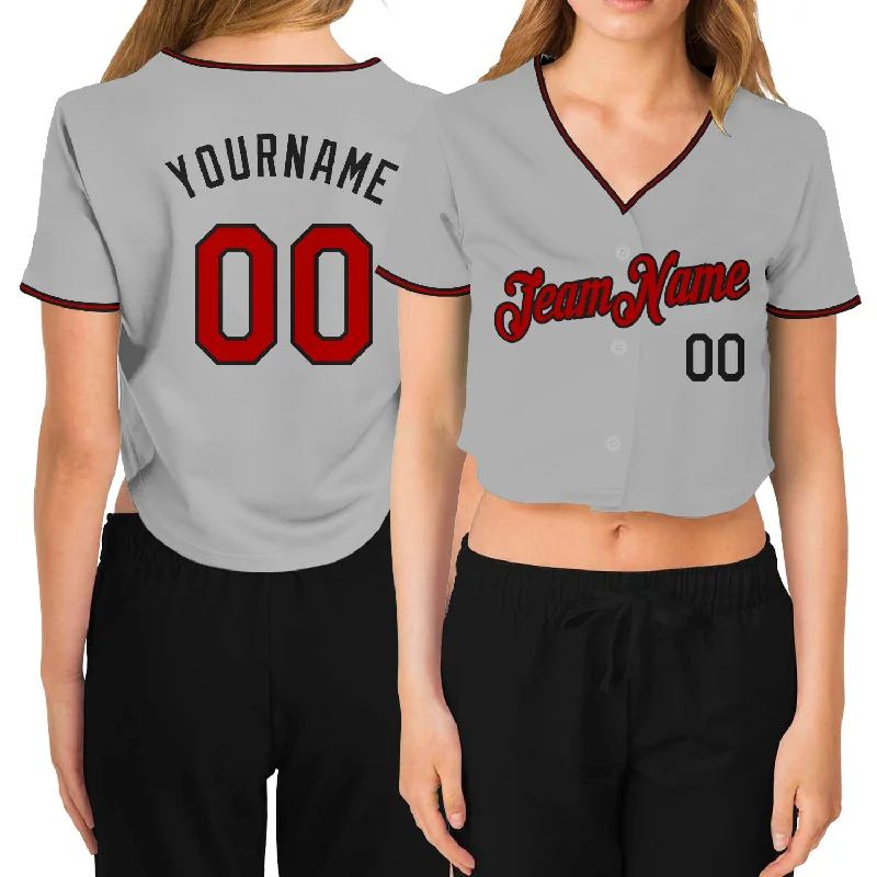 Personalized Baseball Jersey for Men and Women-Custom Women's Gray Red-Black V-Neck Cropped Baseball Jersey