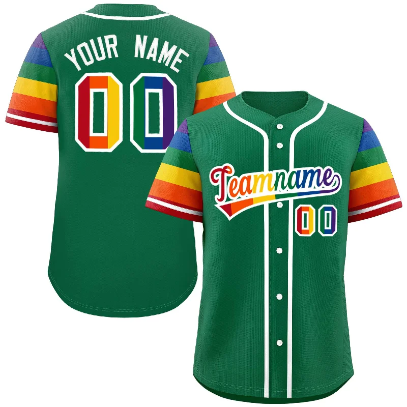 Team Baseball Jersey with Embroidered Logo-Custom Kelly Green LGBT Rainbow For Pride Month Raglan Sleeves Authentic Baseball Jersey