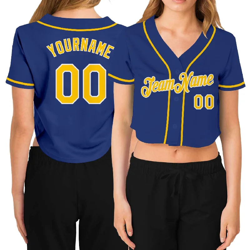 Premium Baseball Jersey for Professional Players-Custom Women's Royal Gold-White V-Neck Cropped Baseball Jersey