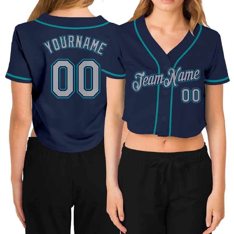 Comfortable Jersey for Softball and Baseball Players-Custom Women's Navy Gray-Aqua V-Neck Cropped Baseball Jersey