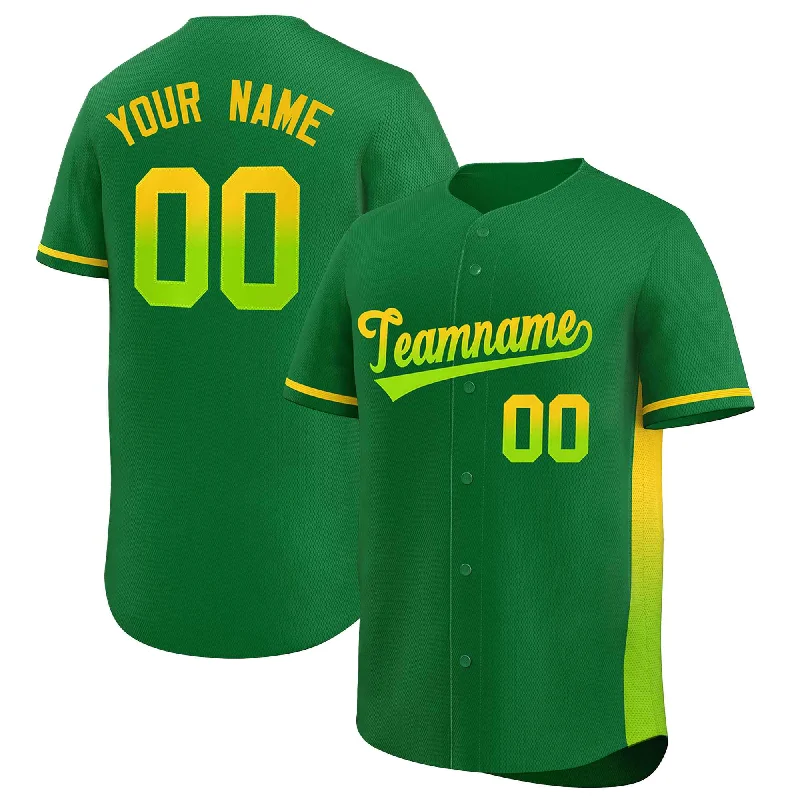 Personalized Name Baseball Jersey for Fans-Custom Kelly Green Gold-Neon Green Personalized Gradient Font And Side Design Authentic Baseball Jersey