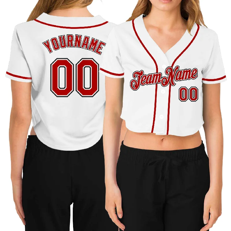 Team Spirit Baseball Jersey for Fans and Players-Custom Women's White Red-Black V-Neck Cropped Baseball Jersey