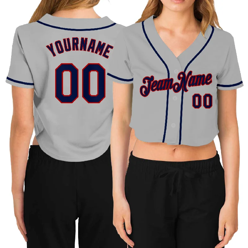 Soft Baseball Jersey for Summer Wear-Custom Women's Gray Navy-Red V-Neck Cropped Baseball Jersey