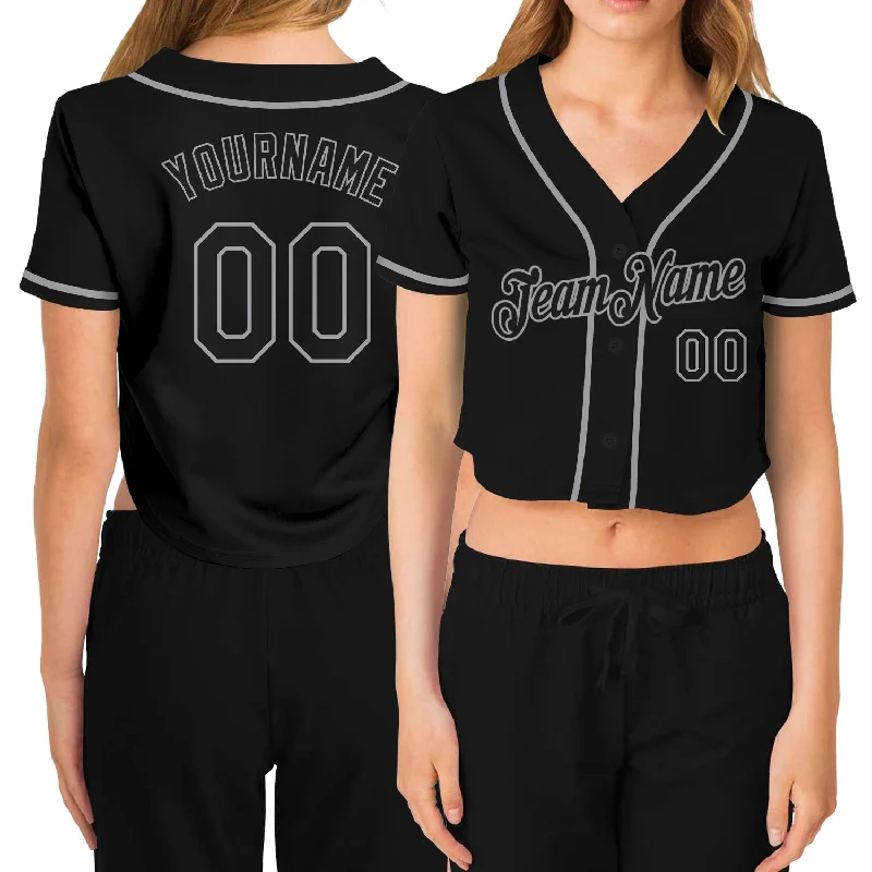 Modern Baseball Jersey with Street Style-Custom Women's Black Black-Gray V-Neck Cropped Baseball Jersey