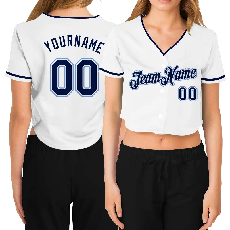 Premium Cotton Baseball Jersey for Everyday Wear-Custom Women's White Navy-Light Blue V-Neck Cropped Baseball Jersey