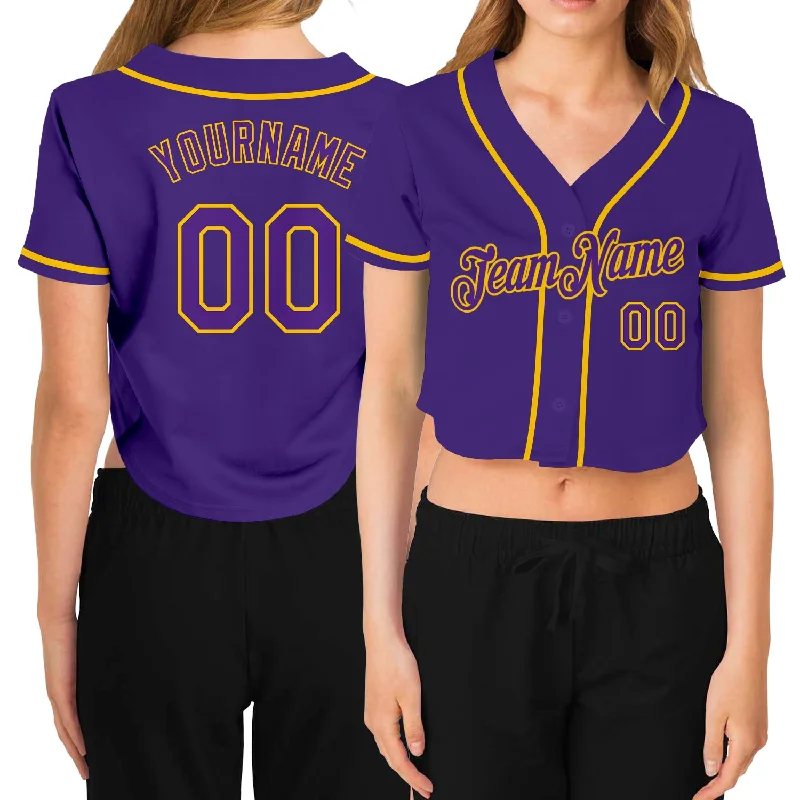 Team Baseball Jersey with Embroidered Logo-Custom Women's Purple Purple-Gold V-Neck Cropped Baseball Jersey