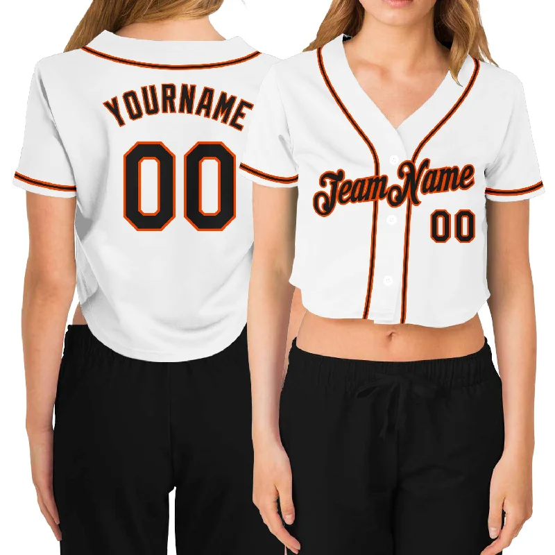 Bright Colored Baseball Jersey for Team Spirit-Custom Women's White Black-Orange V-Neck Cropped Baseball Jersey