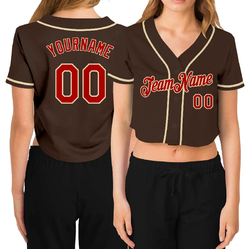 Comfortable Baseball Jersey for Softball Players-Custom Women's Brown Red-Cream V-Neck Cropped Baseball Jersey