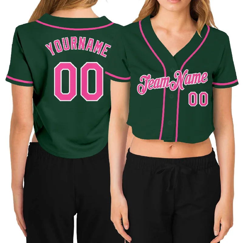 Custom-Made Baseball Jersey for Special Occasions-Custom Women's Green Pink-White V-Neck Cropped Baseball Jersey