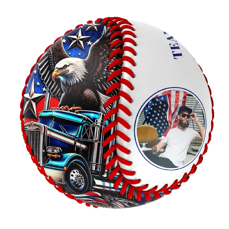 Softball and Baseball Combo for Dual Sports-Personalized White American Flag Eagle Truck Photo Baseballs