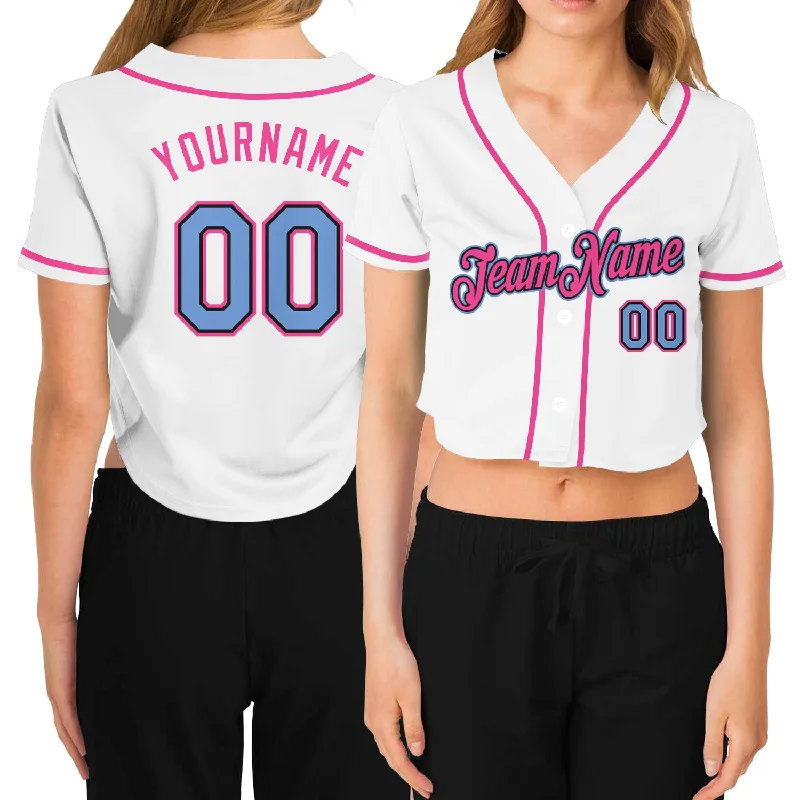 Baseball Jersey with Team Mascot Logo-Custom Women's White Light Blue Black-Pink V-Neck Cropped Baseball Jersey