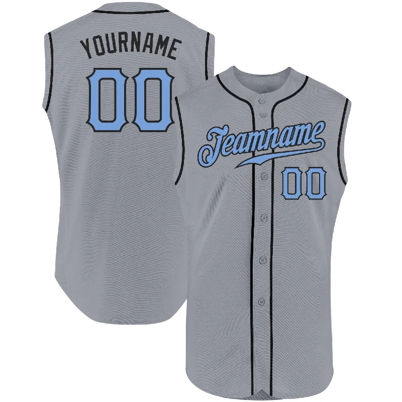 Comfortable Baseball Jersey for Softball Players-Custom Gray Light Blue-Black Authentic Sleeveless Father's Day Baseball Jersey