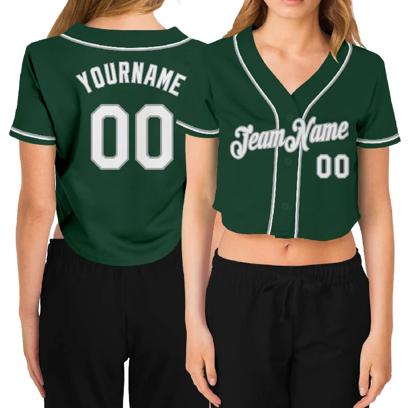 High-Performance Baseball Jersey for Training-Custom Women's Green White-Gray V-Neck Cropped Baseball Jersey