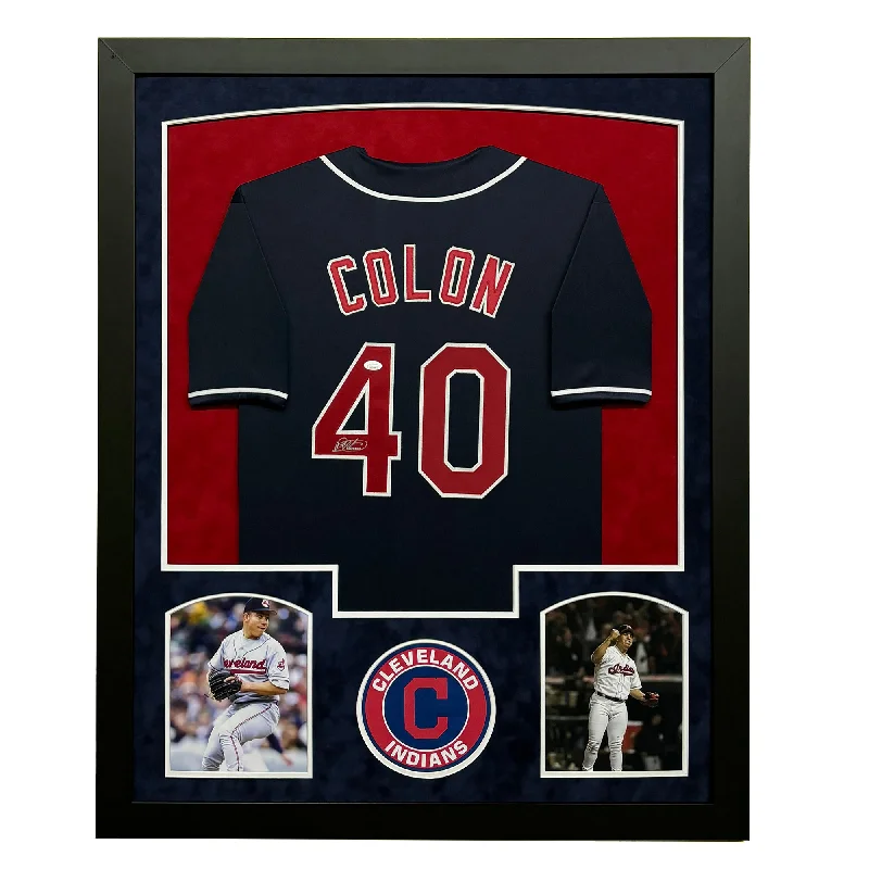 Casual Baseball Jersey for Relaxed Looks-Bartolo Colon Signed Cleveland Blue Custom Suede Matte Framed Baseball Jersey