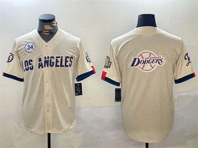 Casual Baseball Jersey for Everyday Comfort-Los Angeles Dodgers Team Big Logo Cream 2024 World Series With No. 34 Patch Limited Stitched Baseball Jersey