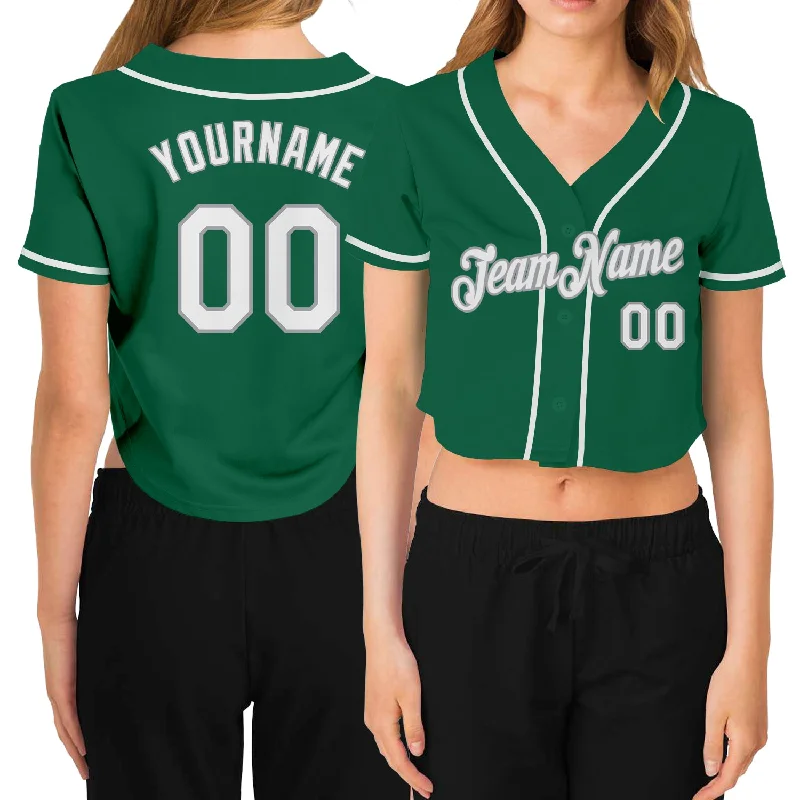 Sporty Baseball Jersey for Active Players-Custom Women's Kelly Green White-Gray V-Neck Cropped Baseball Jersey