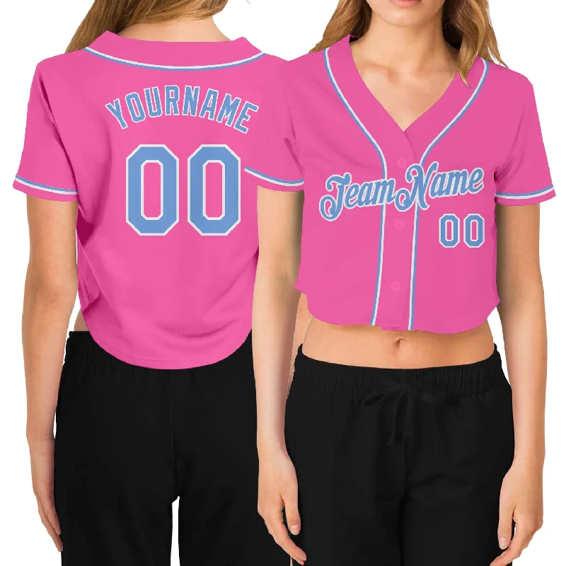 Baseball Jersey for Charity Events and Fundraisers-Custom Women's Pink Light Blue-White V-Neck Cropped Baseball Jersey