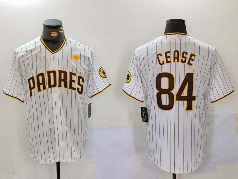 Classic Striped Baseball Jersey for Throwback Vibes-San Diego Padres #84 Dylan Cease White Team Logo With PS Patch Stitched Cool Base Baseball Jersey