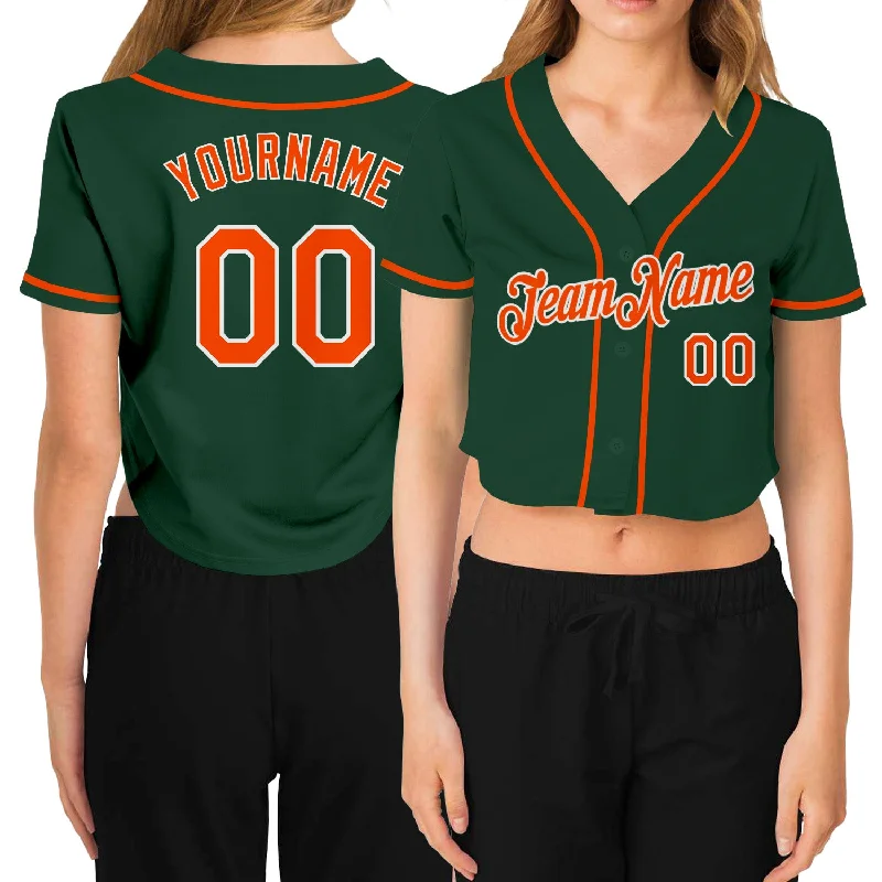 Comfortable Baseball Jersey for Youth Sports Teams-Custom Women's Green Orange-White V-Neck Cropped Baseball Jersey