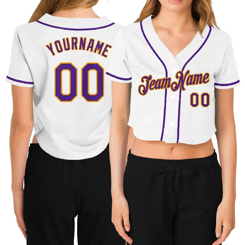 Stylish Baseball Jersey for Baseball Fans-Custom Women's White Purple-Gold V-Neck Cropped Baseball Jersey