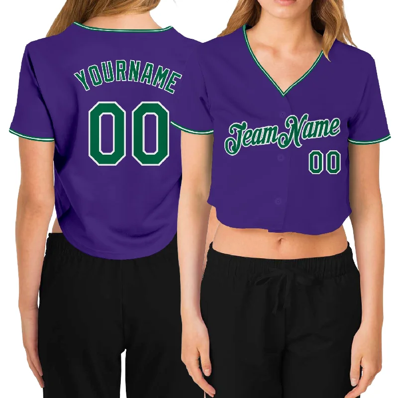 Baseball Jersey with Breathable Mesh Fabric-Custom Women's Purple Kelly Green-White V-Neck Cropped Baseball Jersey