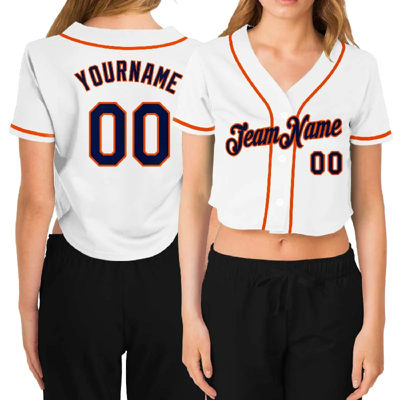 Stylish Pinstripe Baseball Jersey for Vintage Look-Custom Women's White Navy-Orange V-Neck Cropped Baseball Jersey