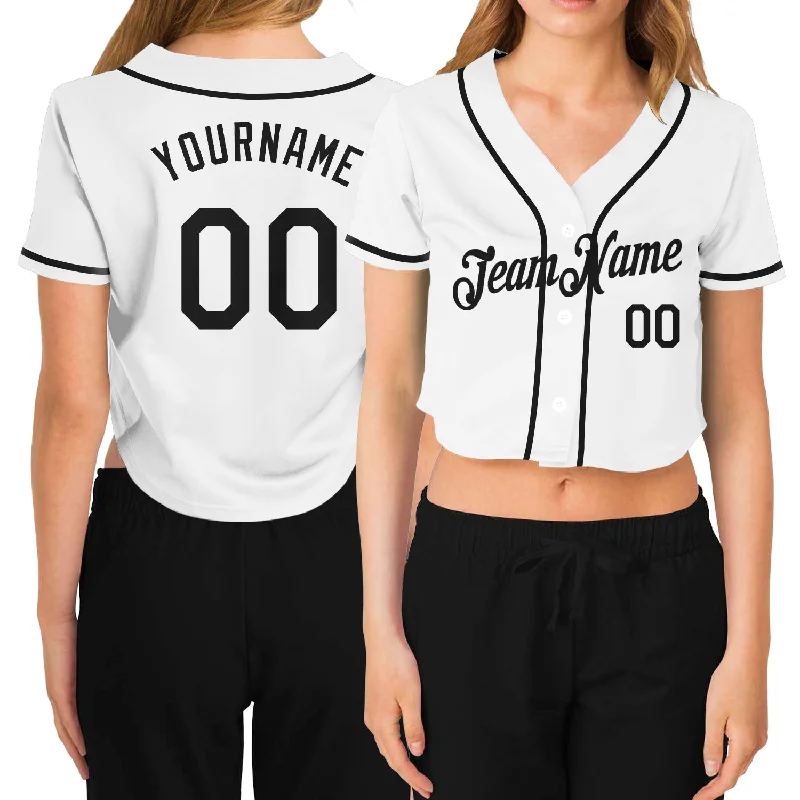 Lightweight Baseball Jersey for Spring Training-Custom Women's White Black V-Neck Cropped Baseball Jersey