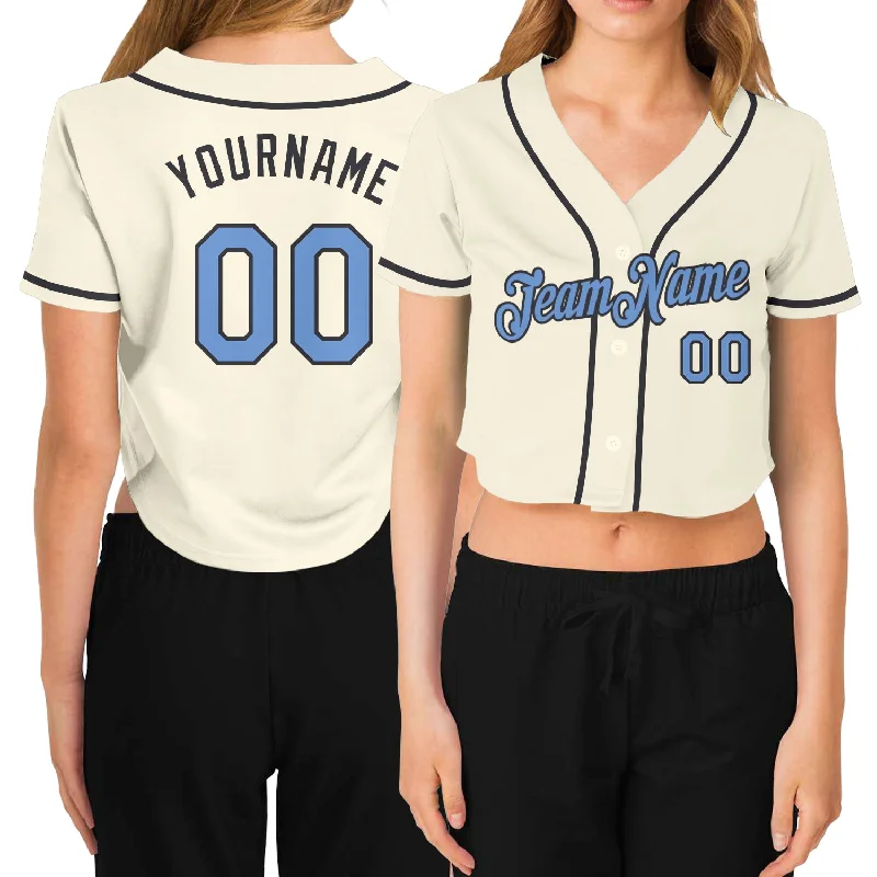 Durable Baseball Jersey for Outdoor Games-Custom Women's Cream Light Blue-Steel Gray V-Neck Cropped Baseball Jersey