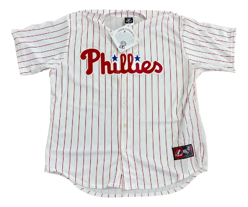 Baseball Jersey for Charity Events and Fundraisers-Philadelphia Phillies Majestic Pinstripe Baseball Jersey