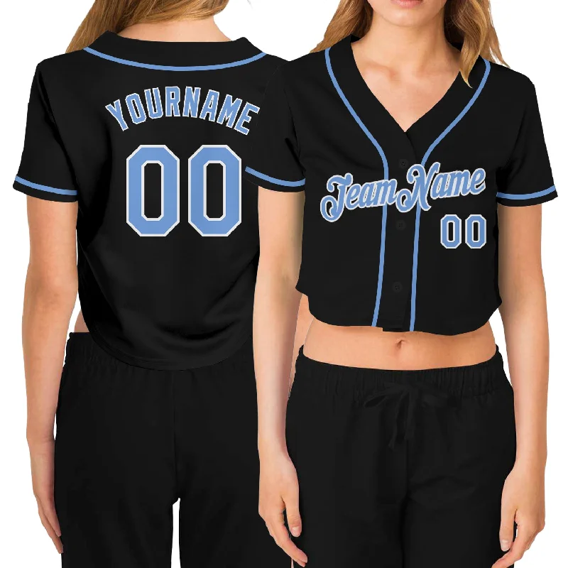 Breathable Baseball Jersey for Active Players-Custom Women's Black Light Blue-White V-Neck Cropped Baseball Jersey