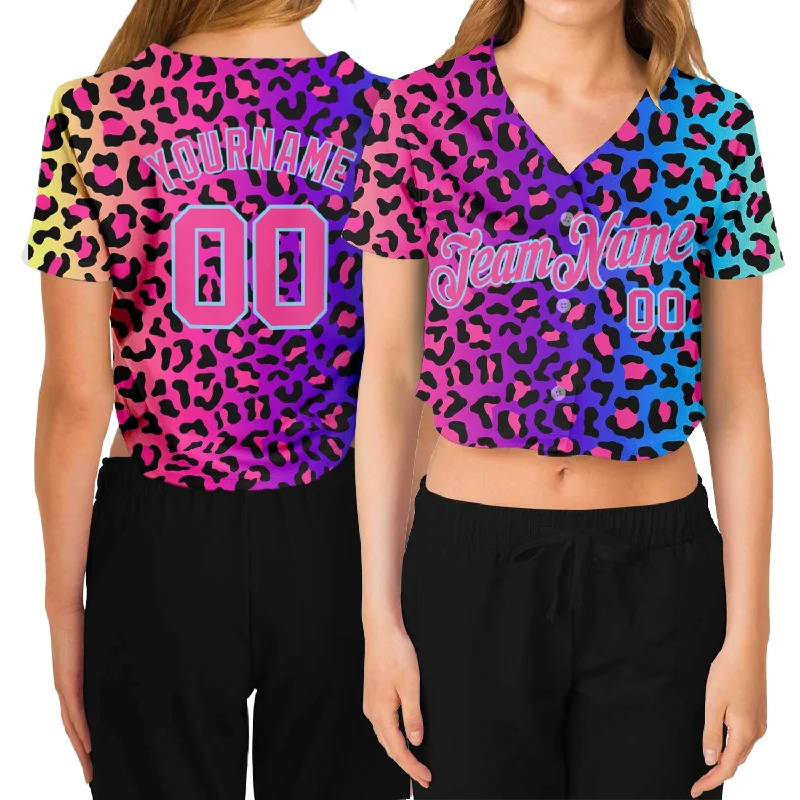 Official Team Baseball Jersey for Supporters-Custom Women's Purple Pink-Light Blue Leopard 3D V-Neck Cropped Baseball Jersey