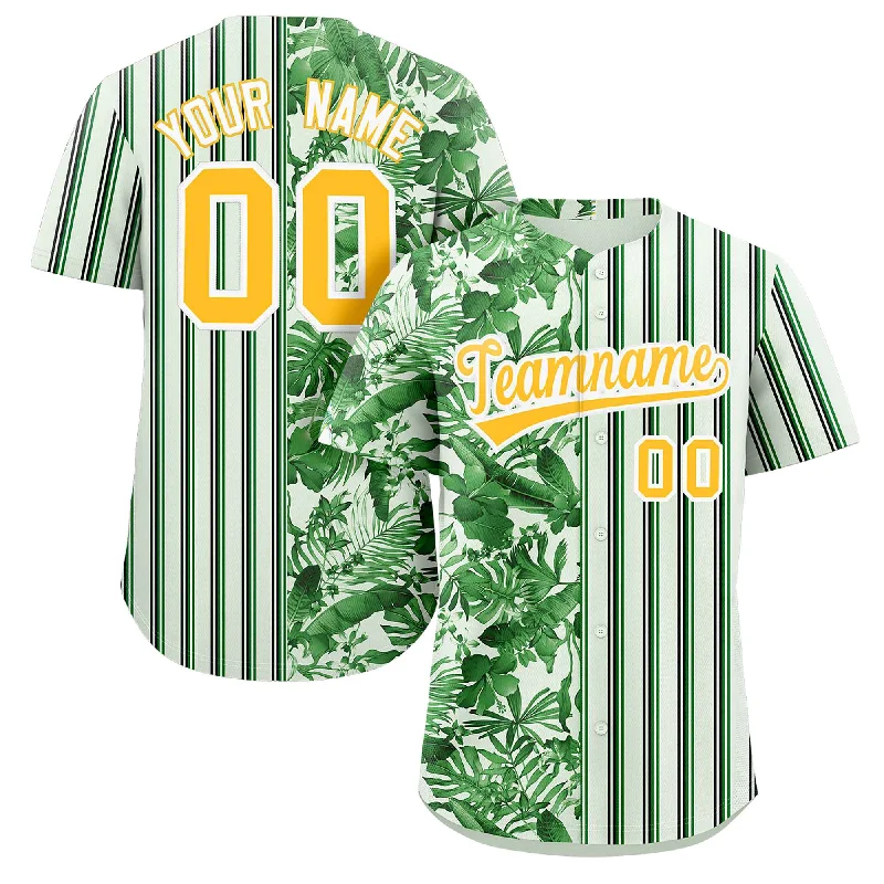 Embroidered Baseball Jersey with Team Colors-Custom Green Gold Hawaii Tropical Flower Stripe Fashion Baseball Jersey