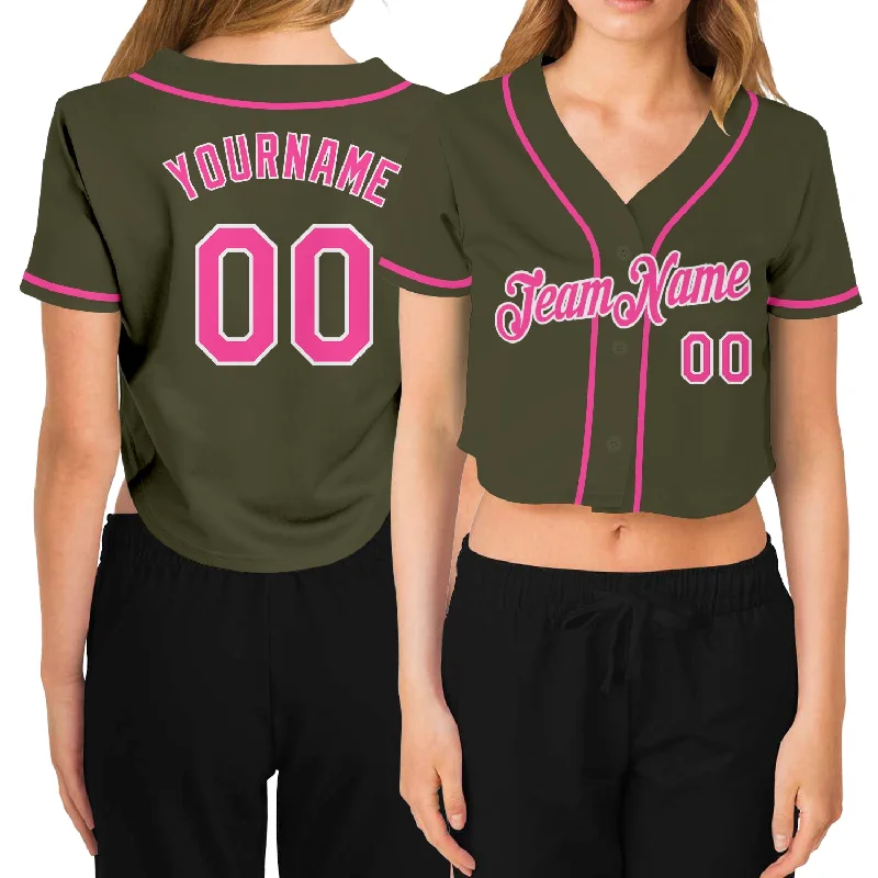 Classic Baseball Jersey for Fan Collections-Custom Women's Olive Pink-White Salute To Service V-Neck Cropped Baseball Jersey