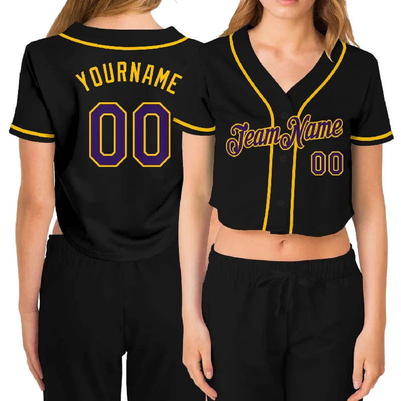 Classic Baseball Jersey for Fan Collections-Custom Women's Black Purple-Gold V-Neck Cropped Baseball Jersey