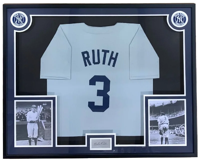 Modern Baseball Jersey with Street Style-Babe Ruth New York Framed Gray Baseball Jersey w/ Laser Engraved Signature