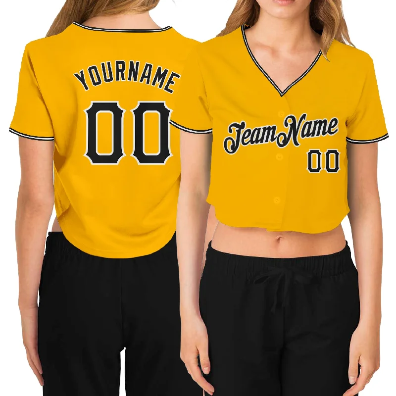 Baseball Jersey with Stitched Team Name-Custom Women's Gold Black-White V-Neck Cropped Baseball Jersey