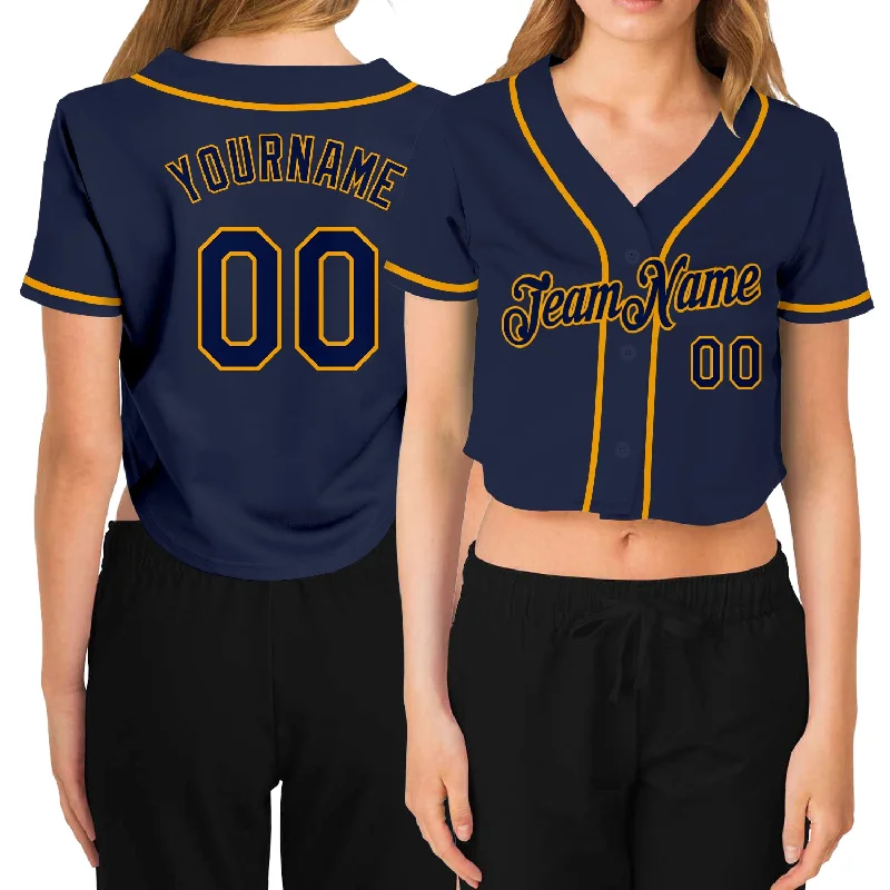 Full Button Baseball Jersey for Traditional Style-Custom Women's Navy Navy-Gold V-Neck Cropped Baseball Jersey