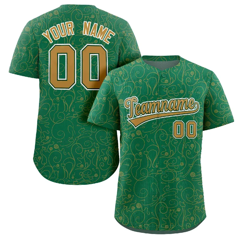 Personalized Baseball Jersey for Special Events-Custom Kelly Green Old Gold Line Art Graffiti Pattern Design Authentic Baseball Jersey