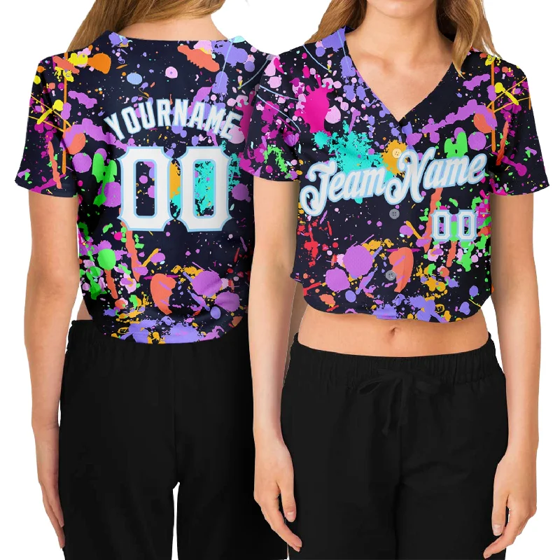 Breathable Baseball Jersey for Hot Weather-Custom Women's Graffiti Pattern White-Light Blue Splashes 3D V-Neck Cropped Baseball Jersey