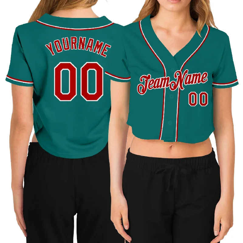 Classic Baseball Jersey for Traditional Style-Custom Women's Aqua Red-White V-Neck Cropped Baseball Jersey