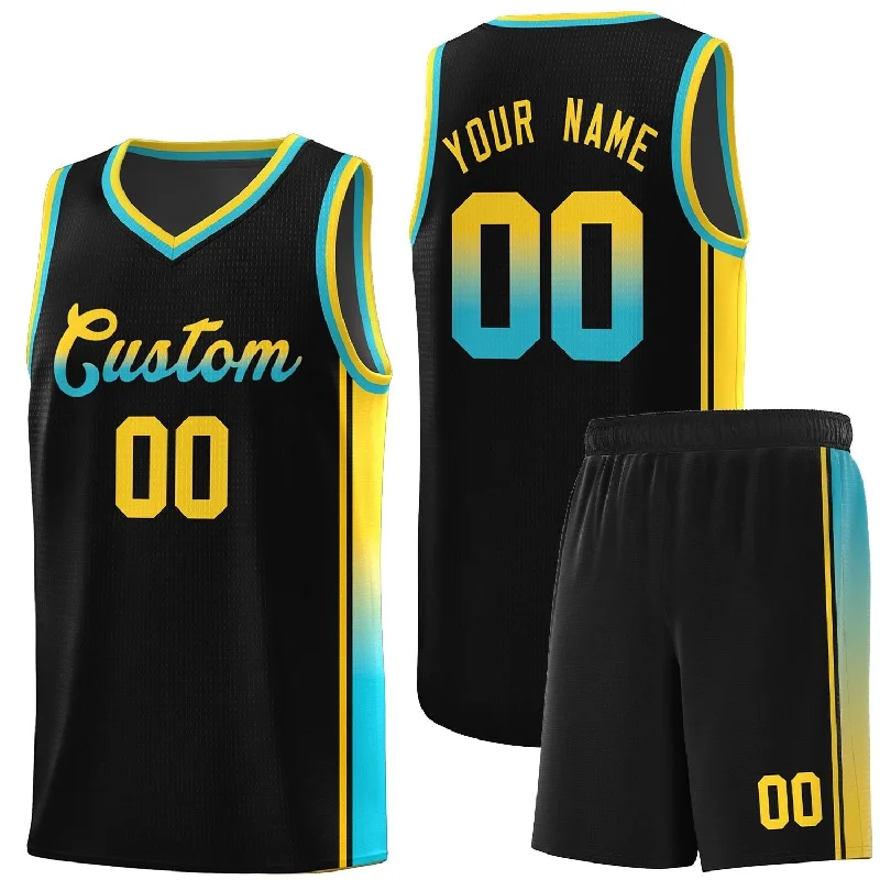 Modern Basketball Jersey with Bold Lettering and Graphics-Custom Black Gold-Light Blue Gradient Fashion Sports Uniform Basketball Jersey